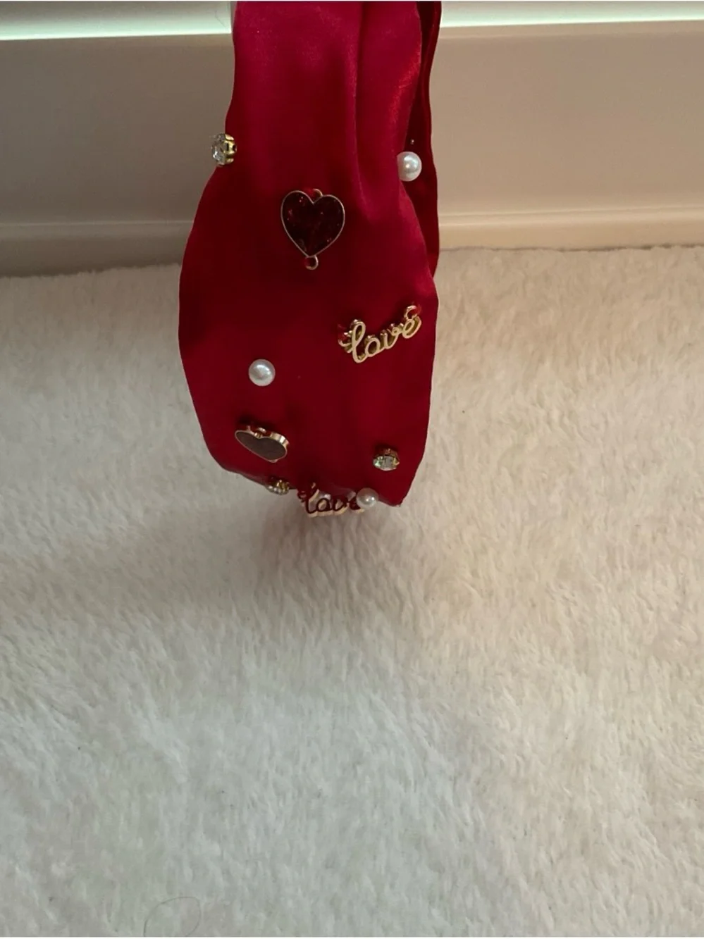 Primark Red Satin Knotted Headband with Pearl & Gold Details